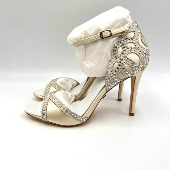 Badgley Mischka‎ Size 8 Roxy Jeweled Ivory Satin Open Toe Heels Pumps Shoes - Picture 6 of 13